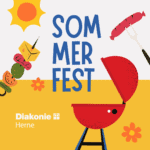 Herne Sommerfest Poster mit Grill, Grillspieß, Wurst, Blumen und Sonne; organisiert von Diakonie Herne.