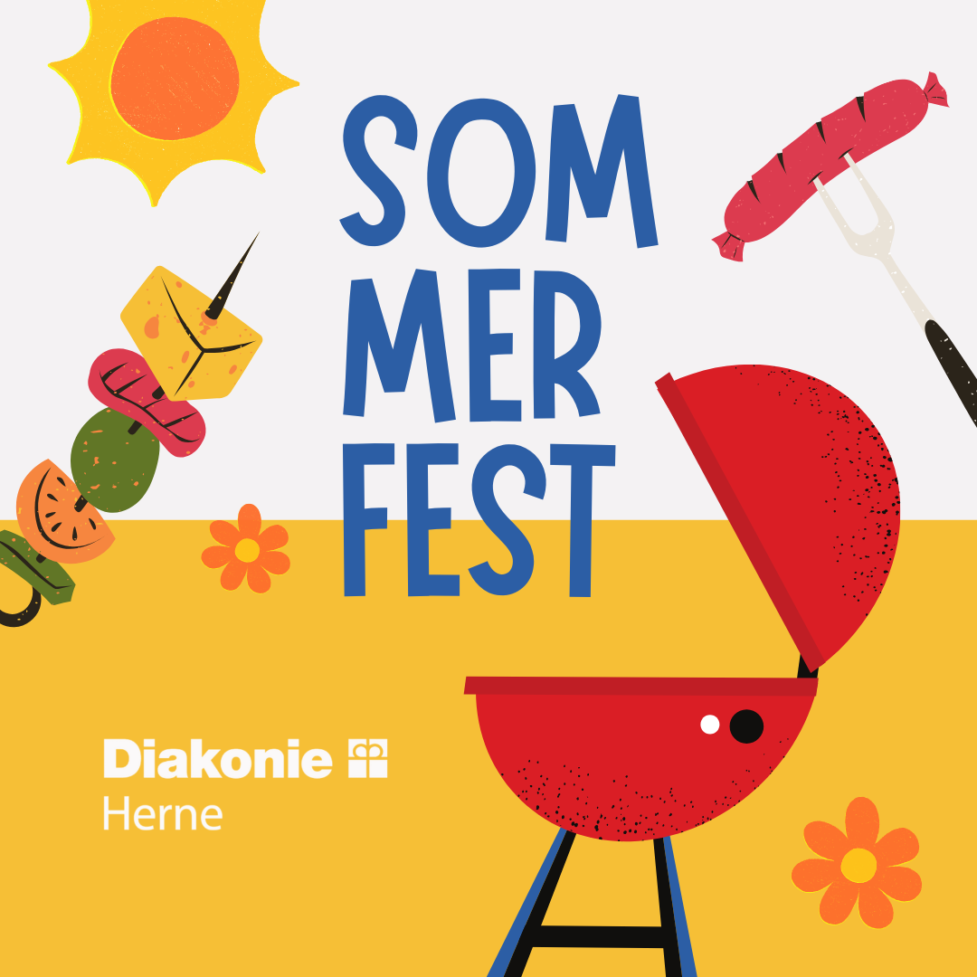 Herne Sommerfest Poster mit Grill, Grillspieß, Wurst, Blumen und Sonne; organisiert von Diakonie Herne.