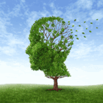 Baum in Form eines Kopfes mit Blättern im Wind, symbolisiert Gedächtnisverlust oder Vergänglichkeit, blauer Himmel.