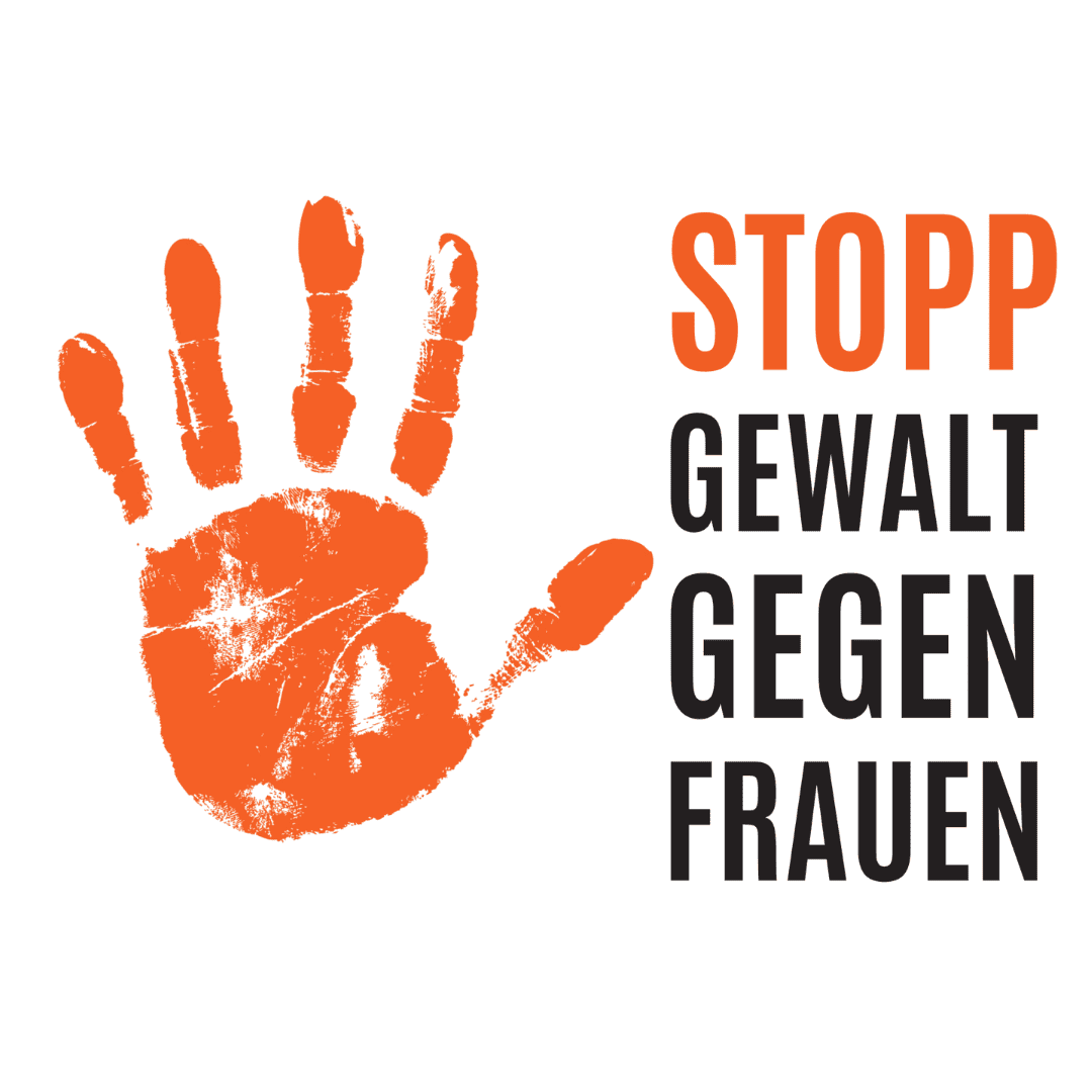 Orange Handabdruck und der Text Stopp Gewalt gegen Frauen zur Unterstützung der Frauenrechte.
