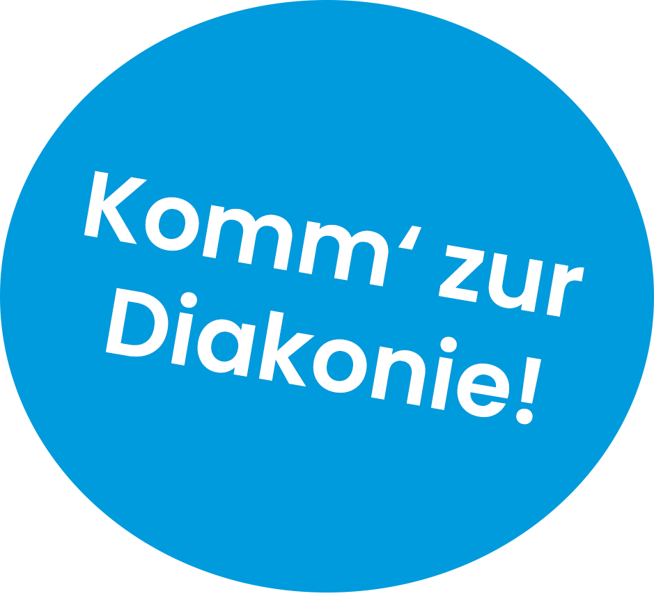 Blauer Hintergrund mit weißem Text: Komm’ zur Diakonie! Einladung zur Arbeit in der Diakonie.
