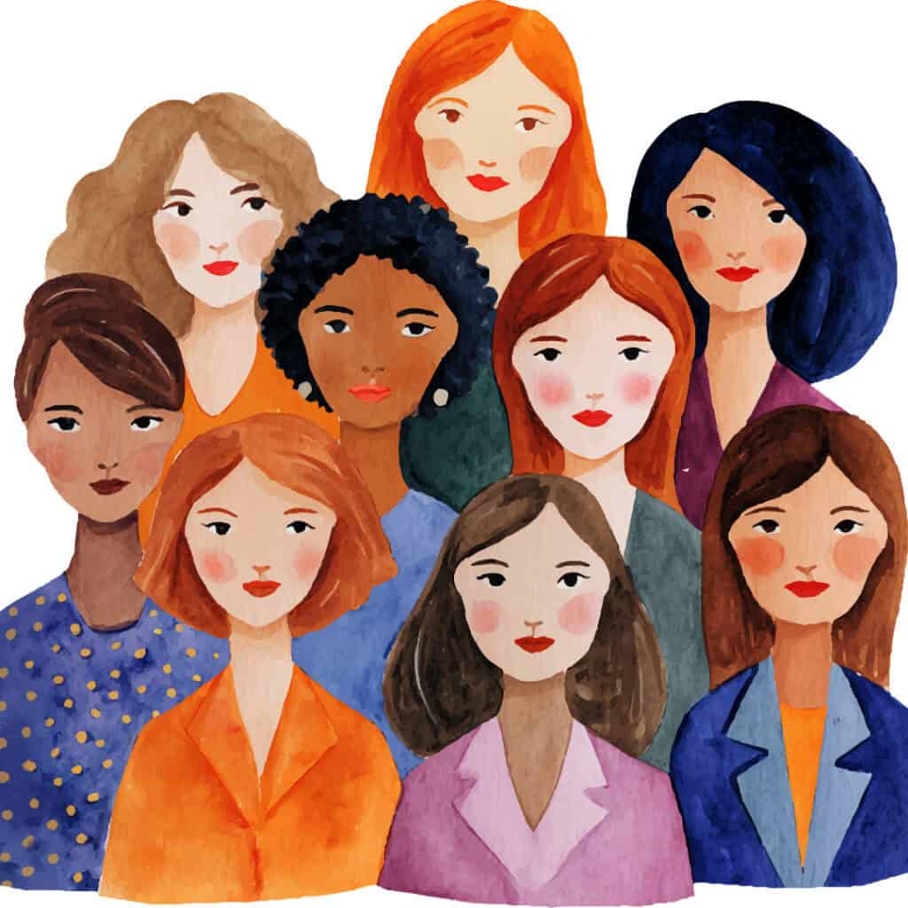 Vielfältige Gruppe von Frauen in bunter Kleidung, gemalt in Aquarellstil.
