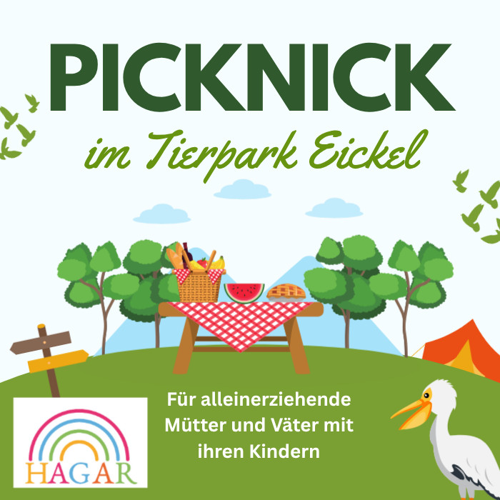 Picknick im Tierpark Eickel für alleinerziehende Eltern mit Kindern, organisiert von HAGAR. Illustrierte Waldszene.